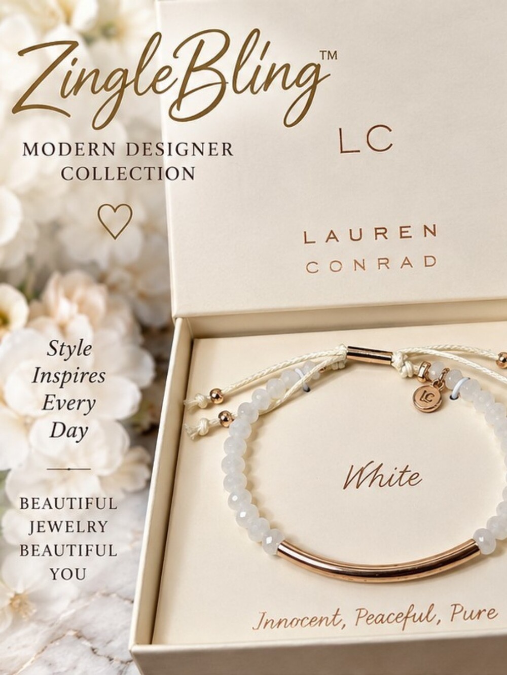 LC Lauren Conrad NIB White Beaded Rose Gold Tone Adjustable Bracelet